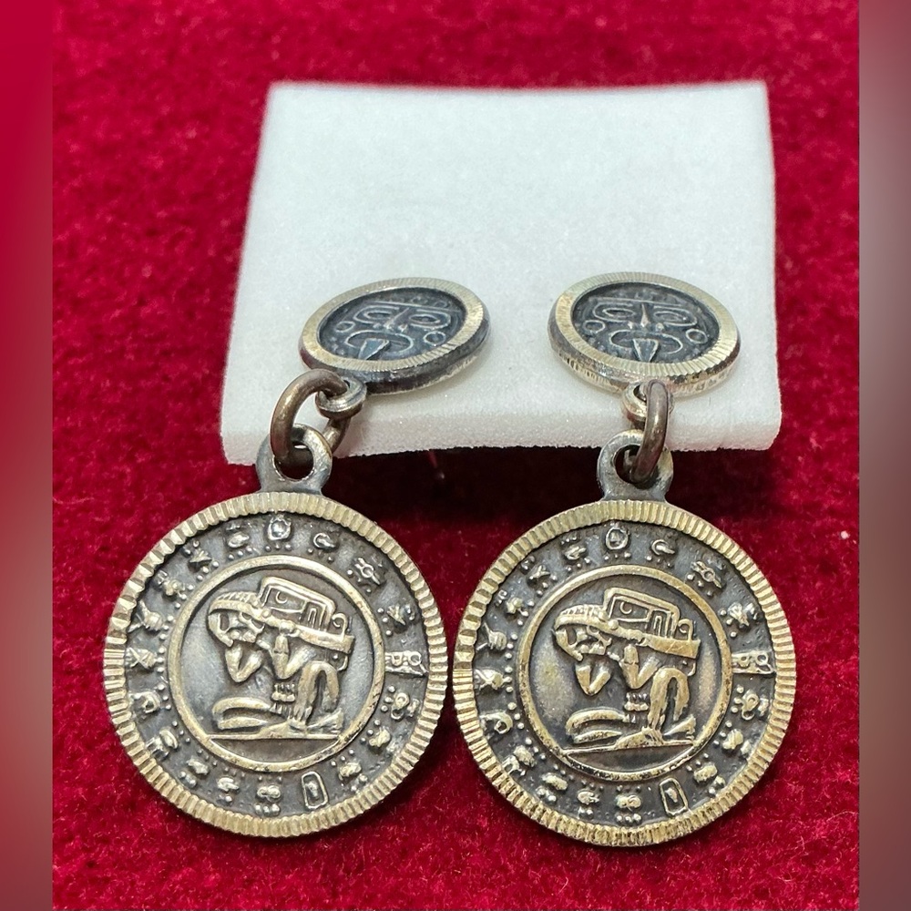 925 Sterling Silver Pierced Drop/Dangle Earrings. Mayan/Aztec Calendar. NWOT VTG